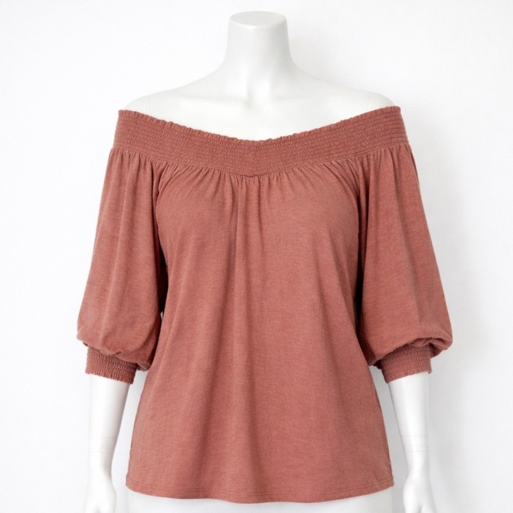 Nation Ltd Smocked Off Shoulder Blouse Top Women's Large Pink Shirt Pima Cotton